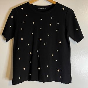 Zara - Embedded Pearl Short Sleeve Sweater Top